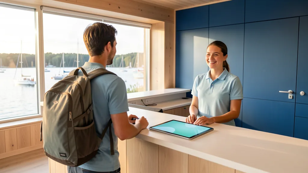 sportelo Gäste-Check-in-App – Gast und Rezeptionistin mit Tablet im Sporthotel mit Blick auf den Hafen