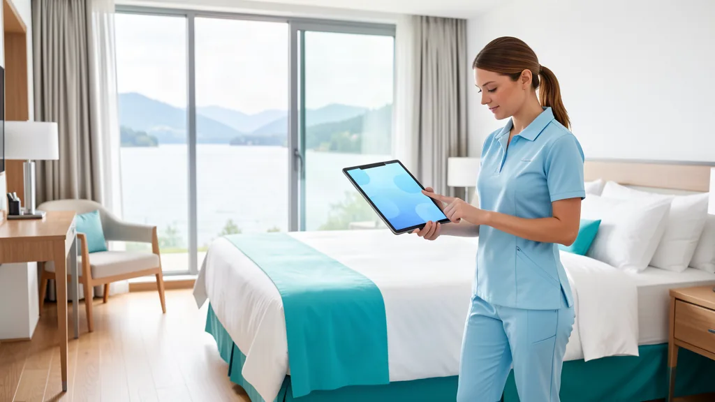sportelo Housekeeping-App – Reinigungskraft mit Tablet im Hotelzimmer mit Seeblick