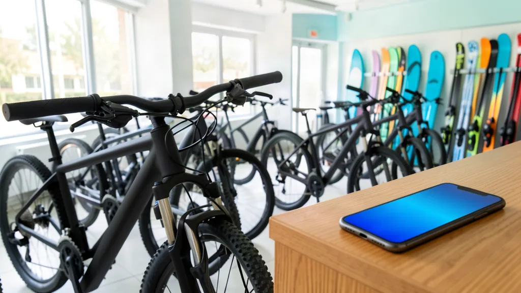 sportelo Inventar-App – Mountainbike mit QR-Code-Anhänger im Sportverleih eines Hotels