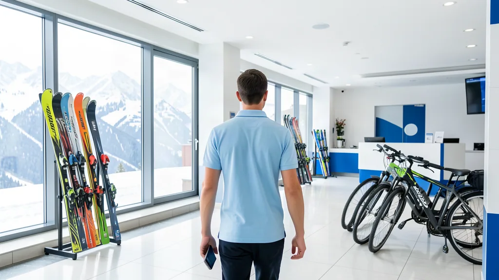 sportelo Mitarbeiter-App – Hotelmitarbeiter mit Smartphone in der Lobby eines Sporthotels