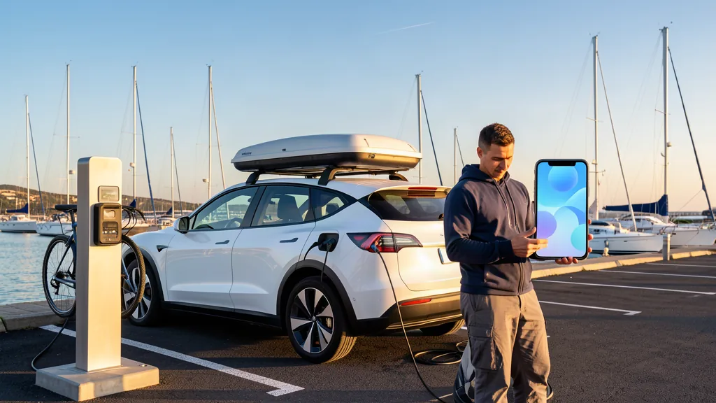 sportelo Stromsäulen-App – Elektroauto an der Ladesäule vor einer Marina mit Segelbooten