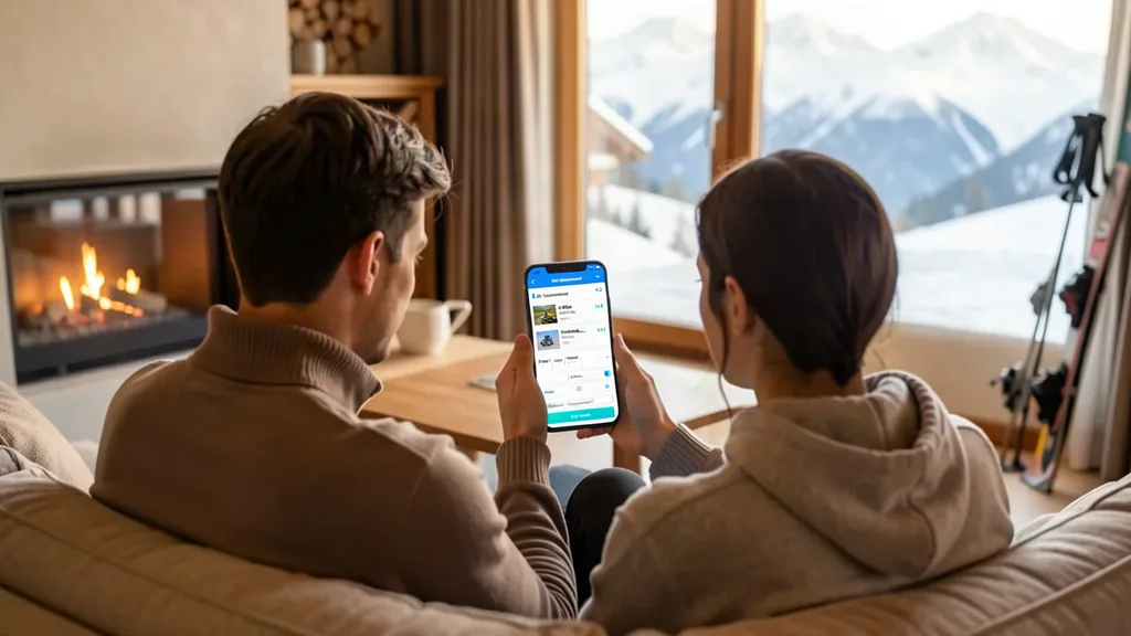 Online-Buchungsportal – Gäste buchen Skiverleih und Kurse gemeinsam am Smartphone in der Hotel-Lounge