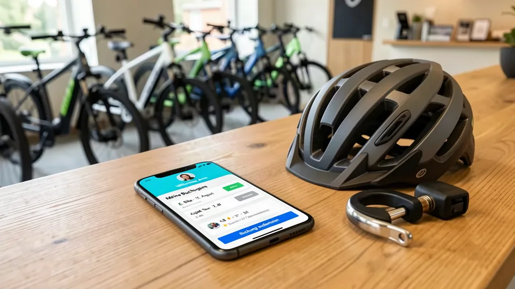 Gästekonto und QR-Code – Smartphone, Helm und Schloss am Abholtresen des Fahrradverleihs