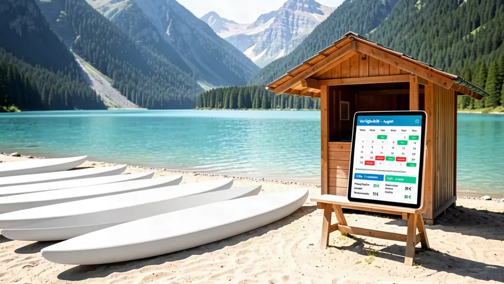 Verfügbarkeit im Buchungsportal – Verleihstation mit SUP-Boards und Kajaks am Bergsee