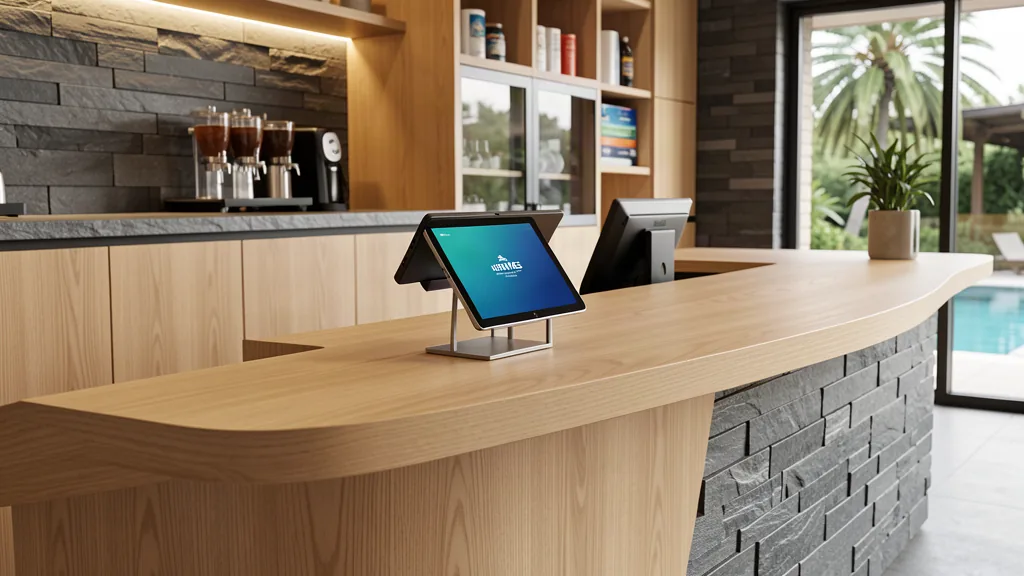 sportelo Dienstplan-Export – Eleganter Rezeptionstresen mit Schichtplan-Tablet und digitaler Übersicht