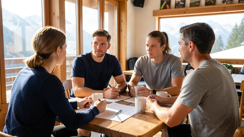 sportelo Qualifikationen – Sportguides und Trainer besprechen den Wochenplan auf der Terrasse