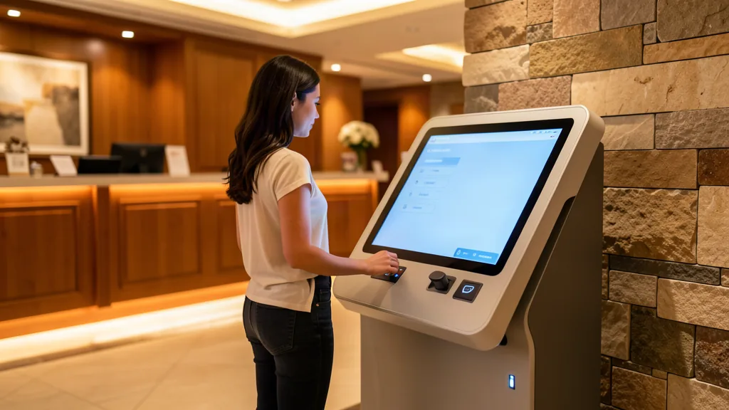 sportelo POS-Terminal – Gast checkt selbstständig am modernen Touch-Terminal in der Hotellobby ein