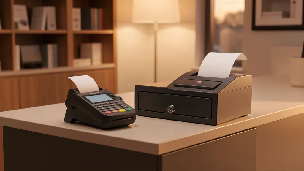 sportelo POS-Terminal – Kassenarbeitsplatz mit Bon-Drucker und Tagesabschluss am Abend
