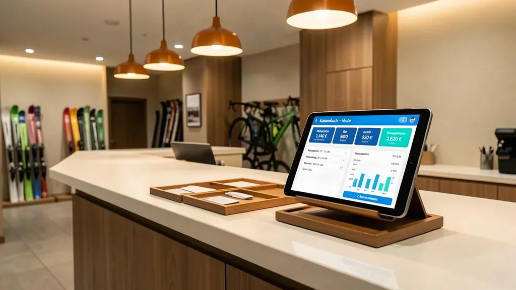 sportelo Hotelbetrieb & Kassenbuch – Moderner Empfangstresen eines Sporthotels mit Tablet