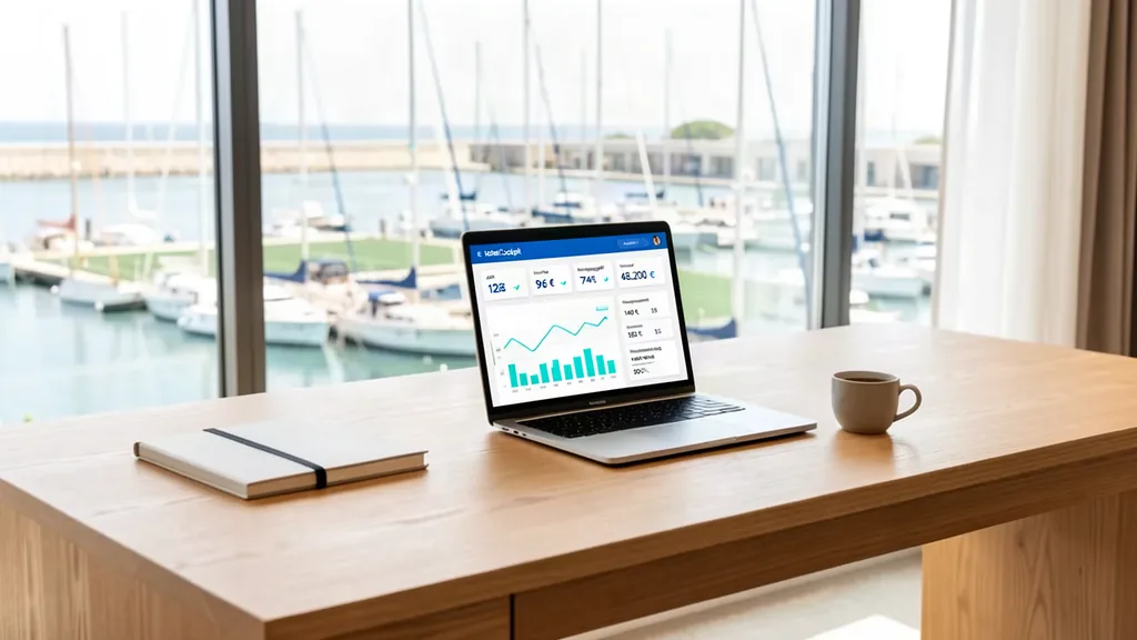 sportelo Hotel Cockpit – Laptop am Arbeitsplatz des Hoteldirektors mit Blick auf Sporthafen