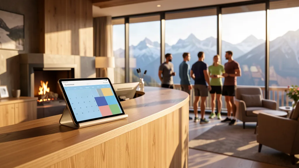sportelo Zimmerspiegel – Moderner Empfangsbereich eines Sporthotels mit Buchungsübersicht am Tablet