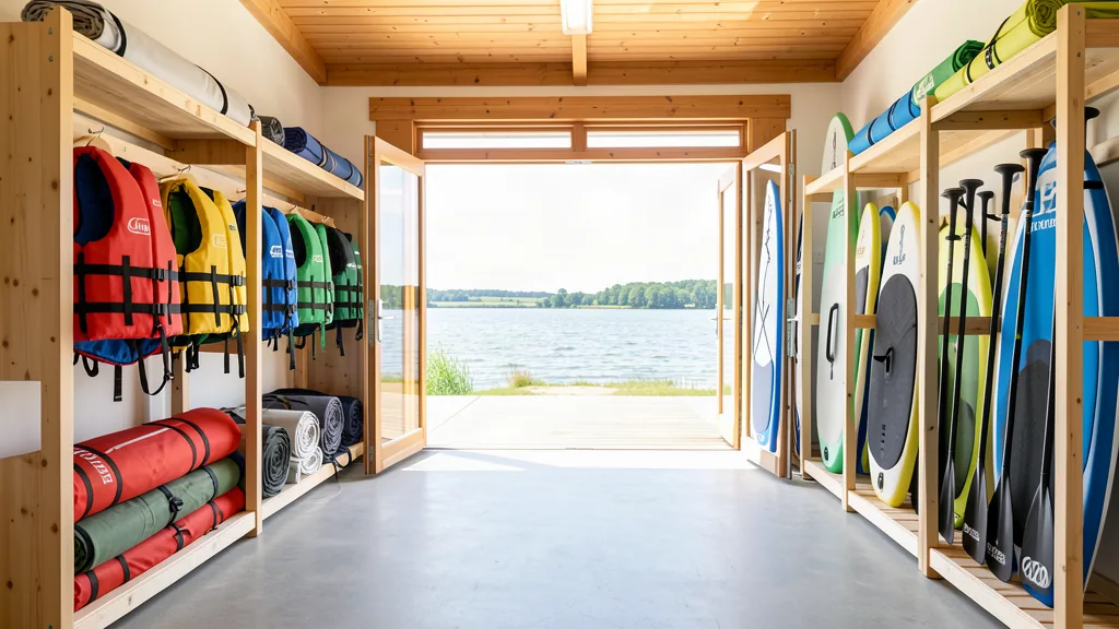 sportelo Equipment & Ressourcen – Sportausrüstung und Segelboote ordentlich aufgereiht am Wasser