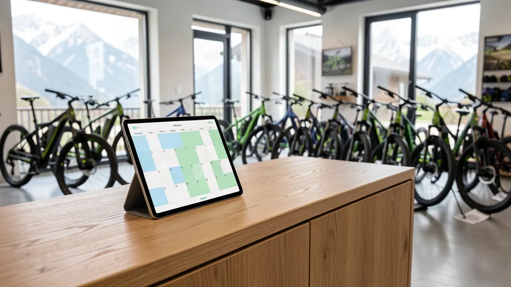 sportelo Verleih-Cockpit – Moderne Verleihstation mit digitaler Kalender- und Buchungsübersicht am Empfang