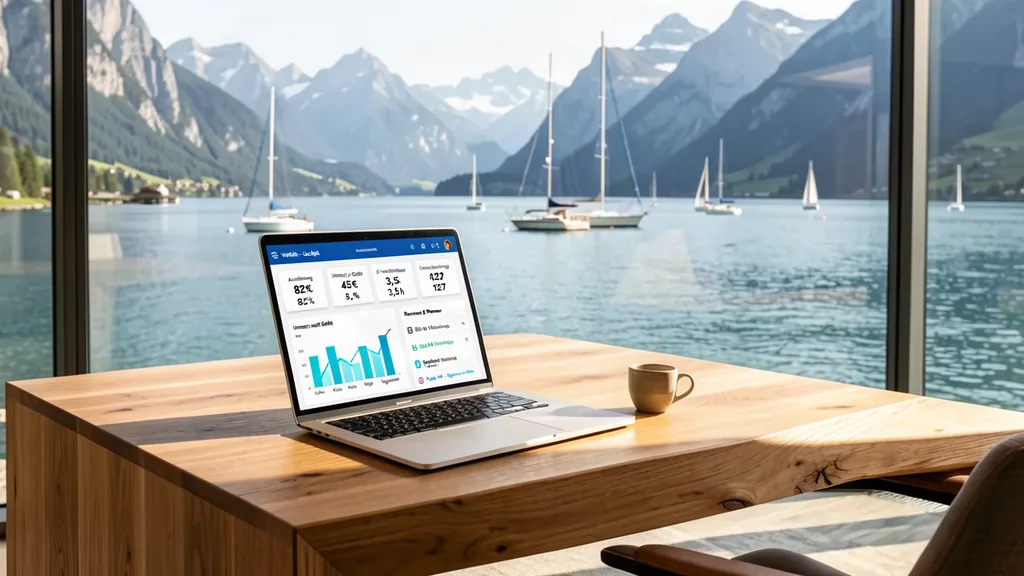 sportelo Online-Buchung & Dashboard – Laptop am Arbeitsplatz des Verleihmanagers mit Blick auf den See