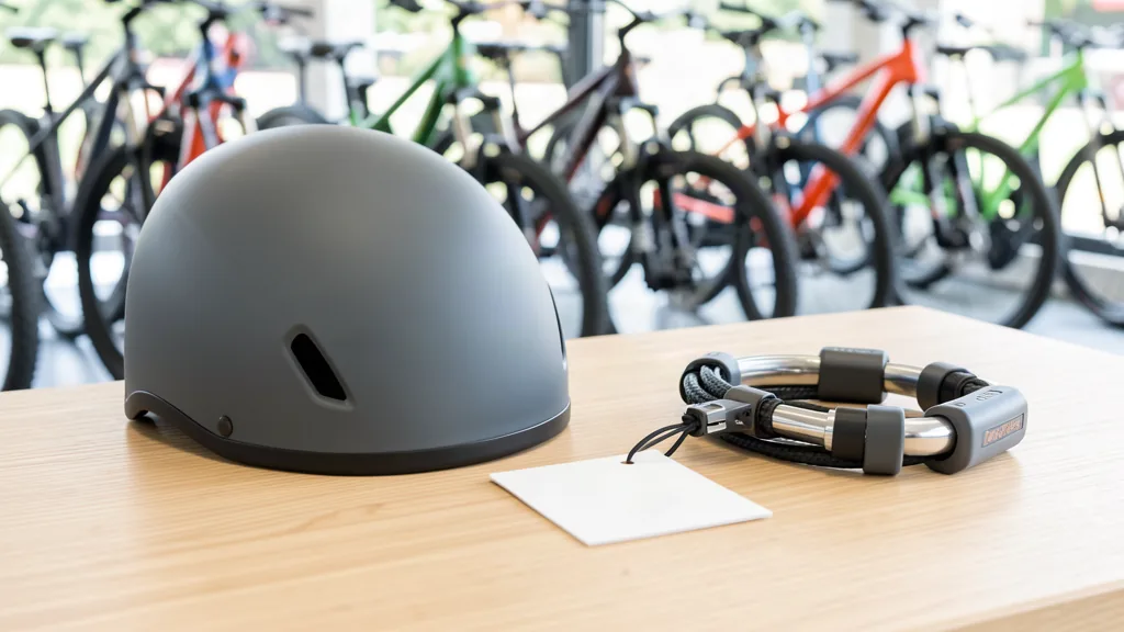 sportelo Warenkorb & Zubehör – Ausleihtresen mit Fahrradhelm, Schloss und Barcode-Erfassung