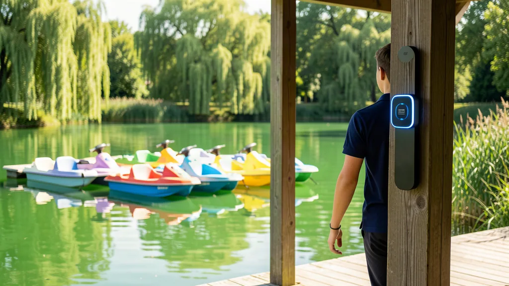 sportelo Zeiterfassung – Mitarbeiter stempelt am Steg eines Tretboot-Verleihs per Terminal ein