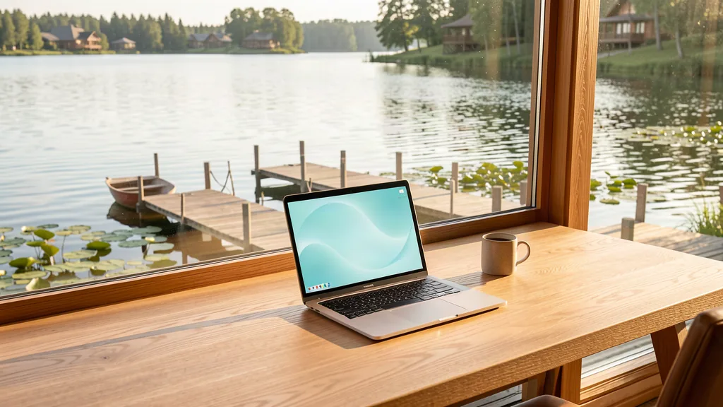 sportelo Zeitkonten – Laptop am Arbeitsplatz des Resort-Managers mit Blick auf den See